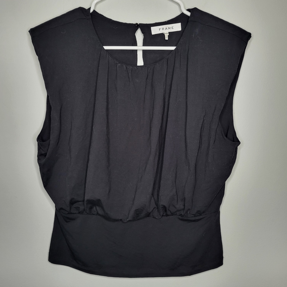 Frame Sleeveless Ruched Keyhole Back Scoop Neck Top  Size M Shoulder Pads